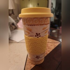Temptations by Tara Old World Yellow 16oz Travel Tumbler Cup w/ Lid & Sleeve